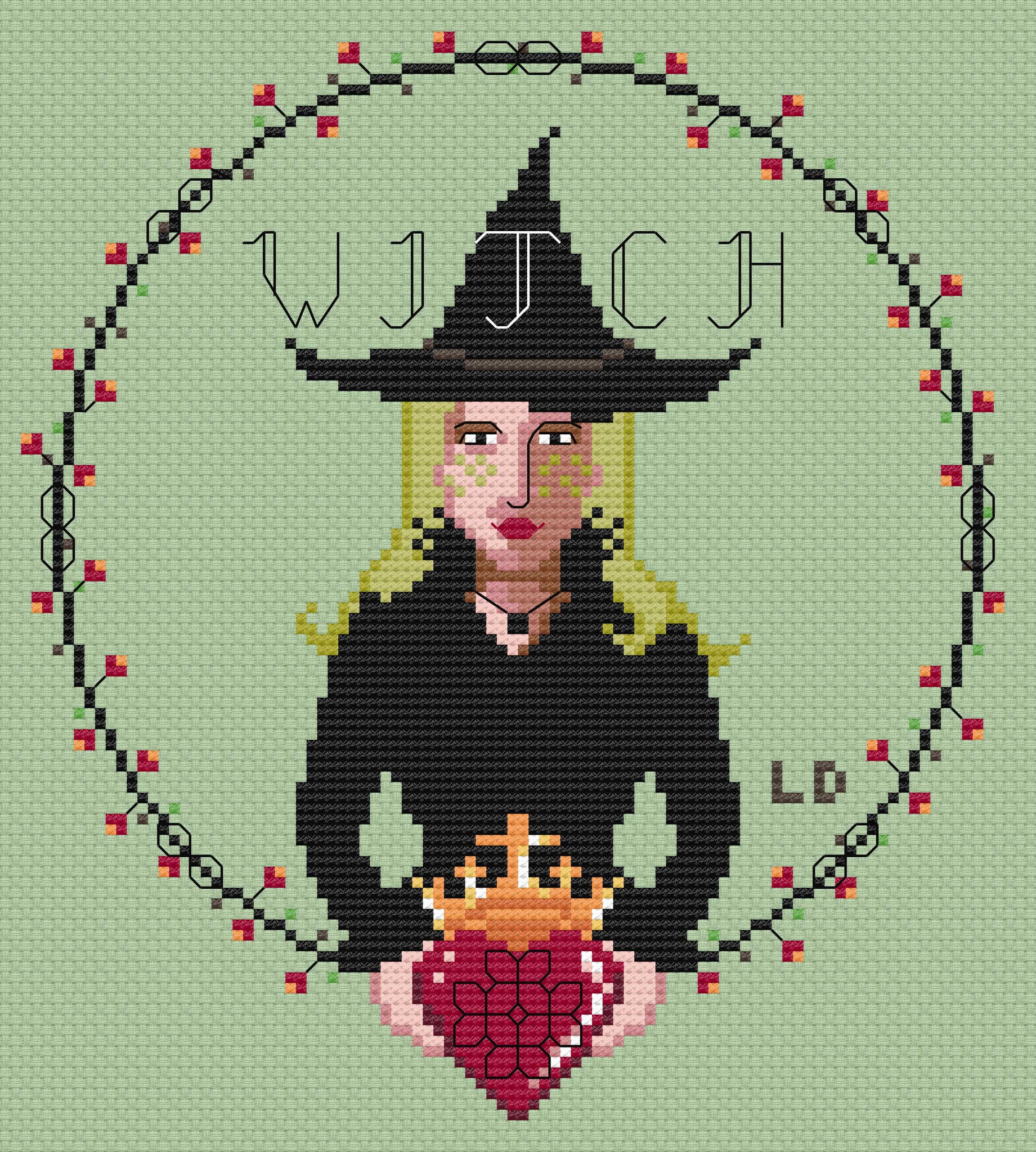 The Laurel Witch Cross Stitch Pattern PDF - Celtic Witch with Claddagh