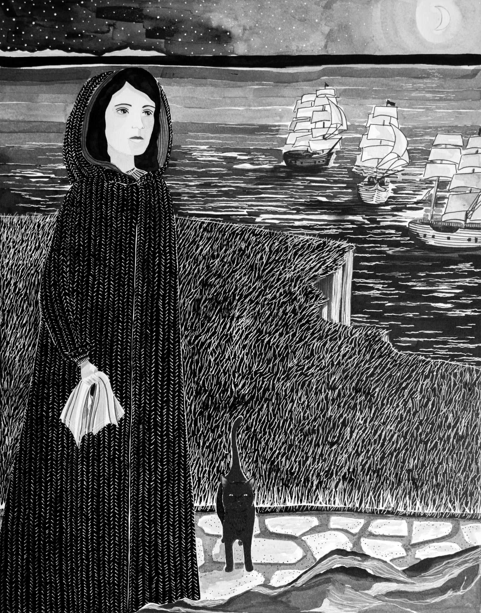 Carrickfergus – The Witch of November and I - Original Black and White Pen and Ink Illustration