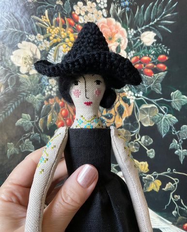 Heirloom Art Doll - Witch Rag Doll with Cross Stitching