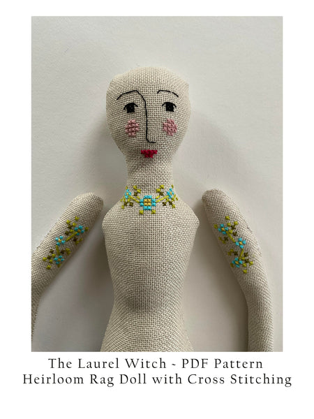 The Laurel Witch PDF Pattern - Heirloom Rag Doll with Cross Stitching